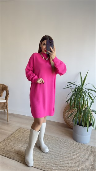 Pembe Dik Yaka Triko Elbise 