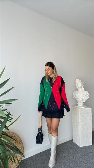 Kırmızı Yeşil Baklava Desenli Kazak