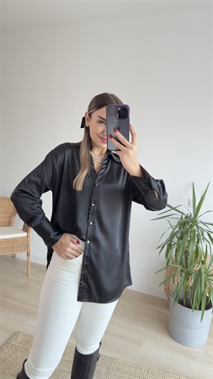 Saten Siyah Basic Gömlek