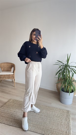 Paça Lastikli Bej Eşofman Altı