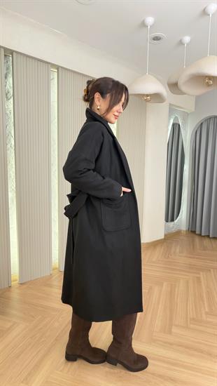 Siyah Liche Kuşaklı Kaşe Kaban