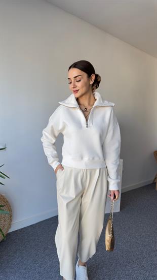 Dik Yaka Bej Fermuarlı Sweat