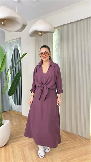 Bordo Muila Bağlamalı Gömlek Elbise Tensel Takım