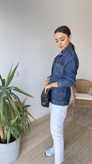 Kuşaklı Lacivert Jean Ceket