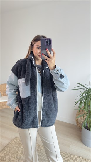Kolları Kot Detaylı Antrasit Peluş Mont