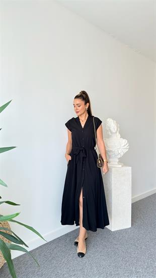 Lize Kuşaklı Basic Siyah Maxi Elbise 