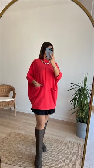 Önden Cepli Nar Çiçeği Tunik