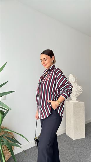 Bordo Çizgili Yıldız Taşlı Gömlek