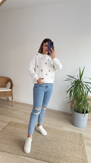 Göz Detaylı Şardonlu Beyaz Sweat