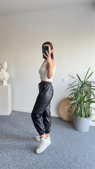 Bel Lastikli Tw Model Siyah Deri Pantolon