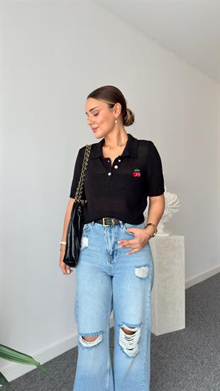 Siyah Kiraz Detaylı Triko Bluz