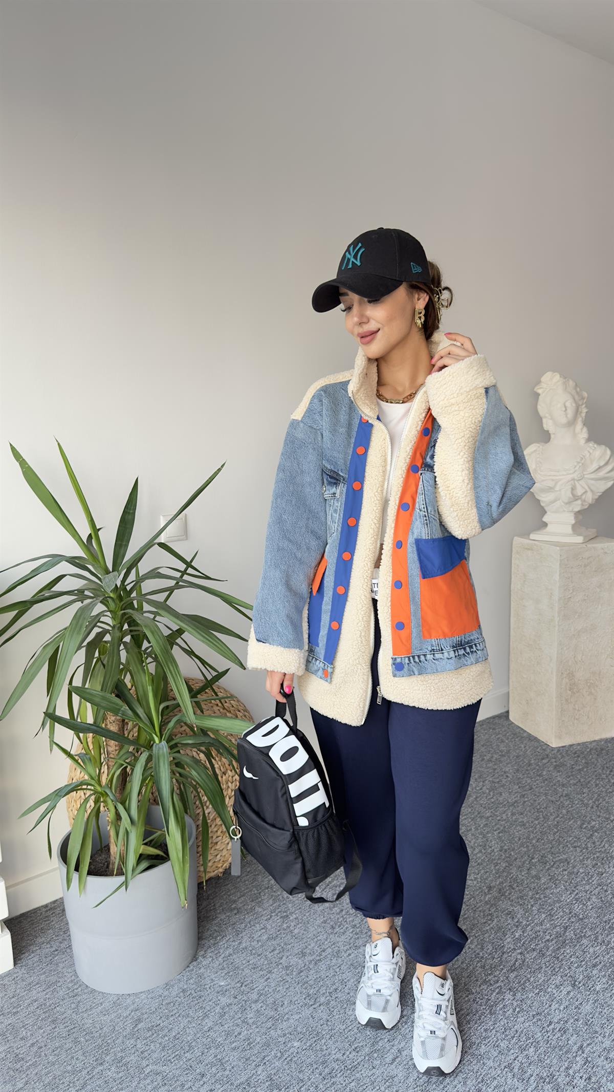 Denim Mix Turuncu Detay Peluş Mont 