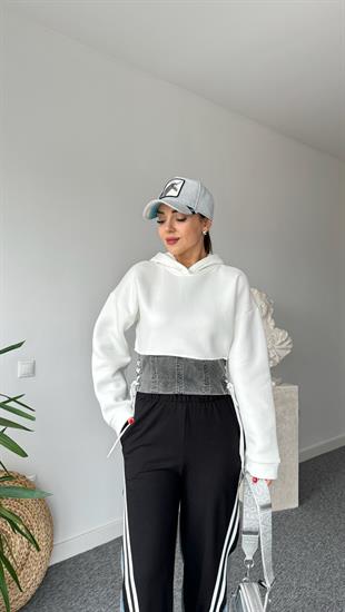 Yan Bağcıklı Kot Garnili Beyaz Sweat