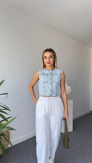 Taş Baskılı Denim Yelek