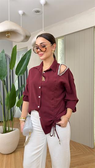 Bordo Natha Büzgülü Taş Detay Tensel Gömlek