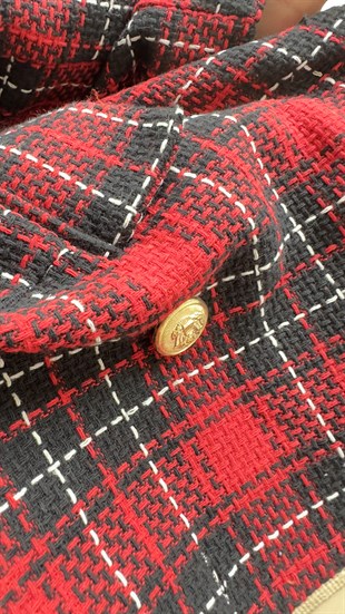 Ekose Desen Gold Düğme Kırmızı Blazer Ceket