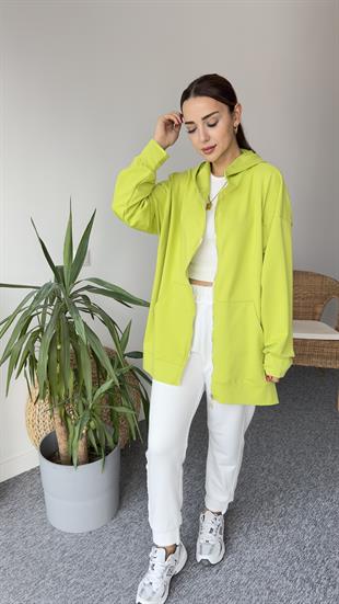 İki İplik Yanları Yırtmaçlı Olive Sweat