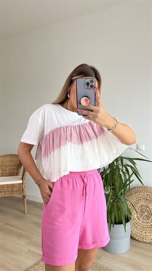 Beli Lastikli Pembe Keten Şort