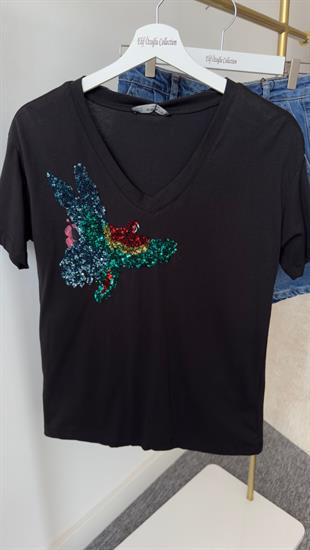 Renkli Kuş Baskı V Yaka Tshirt