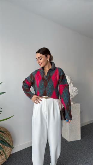 Gabriela Polo Yaka Renkli Baklava Desenli Kazak