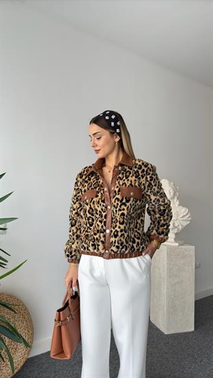 Deri Detaylı Peluş Leopar Ceket