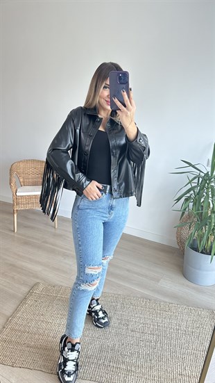 Sırtı Püsküllü Tasarım Siyah Deri Ceket 