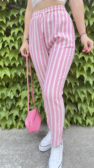 Pembe Şeritli Örme Pantolon