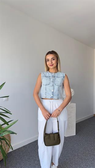 Taş Baskılı Denim Yelek