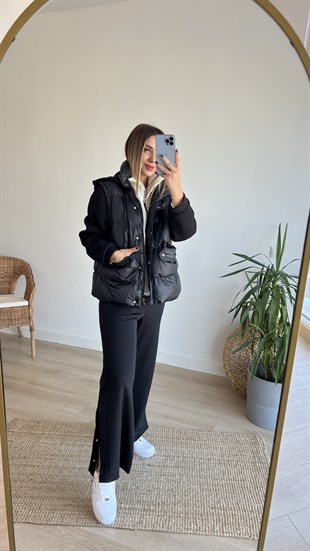 Kolları Penye Detaylı Siyah Şişme Mont