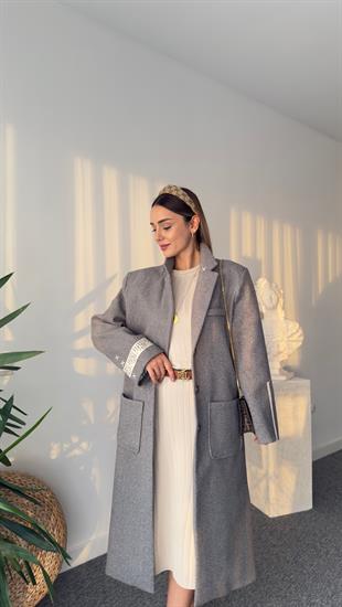 Astarı Baskılı Sırtı Yazılı Premium Gri Kaşe Kaban