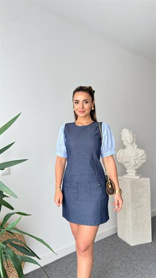 Tian Kollar Poplin Likralı Jean Elbise