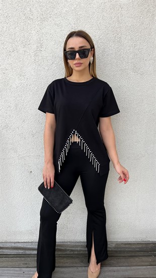 Taş Detaylı Siyah Tasarım Tshirt