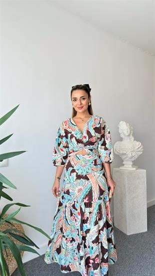 Önü Düğümlü Renkli Desenli Poplin Elbise 
