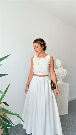 Bej  Keten Etekli Crop Takım