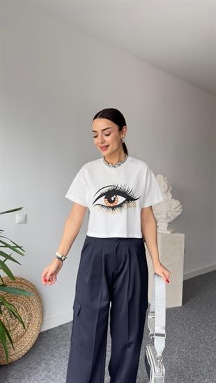 Göz Baskılı Yan Şerit Detay Tshirt