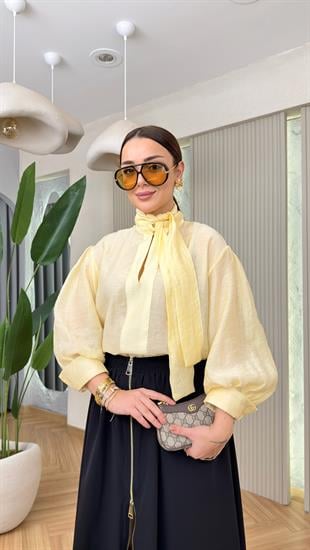 Sarı Minerve Balon Kol Fularlı Bluz