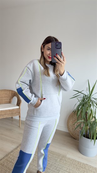 Şerit Detaylı Şardonlu Gri Eşofman Takımı