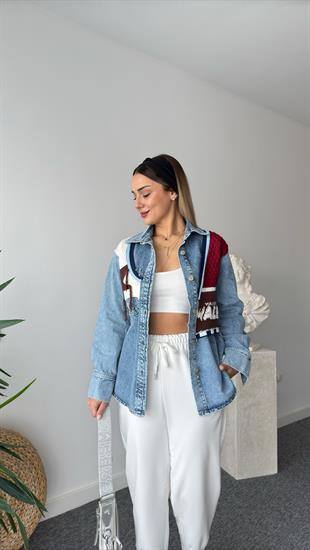 Belmira Renkli Triko Detaylı Jean Gömlek Ceket