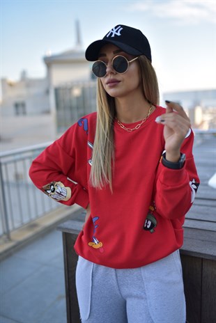 Karakter Baskılı Kırmızı Sweatshirt