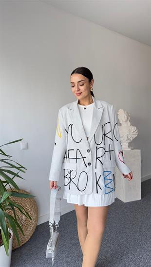 Nakış Detaylı Tasarım Gri Blazer Ceket