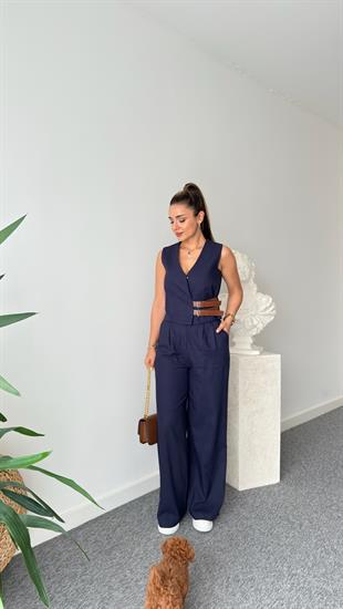 Pevil Kemer Detaylı Lacivert Yelek Pantolon Takım