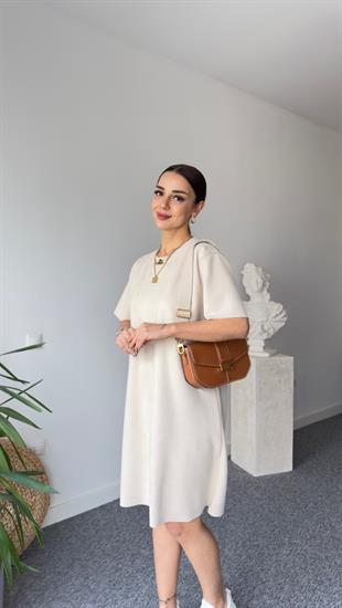 Krem Süet Basic Elbise