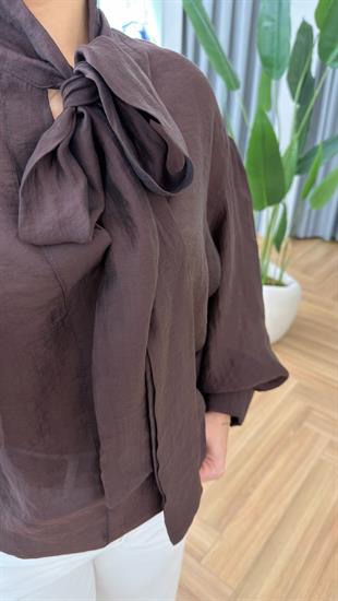 Kahve Minerve Balon Kol Fularlı Bluz