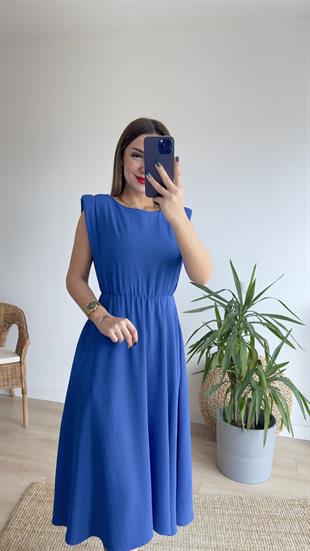 Beli Lastikli Vatkalı Mavi Basic Elbise 