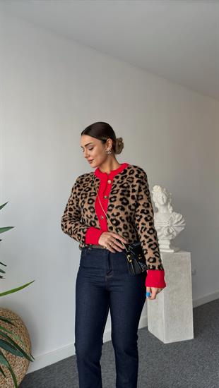 Mateo Kırmızı Şeritli Leopar Hırka