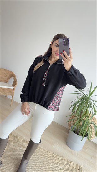 Çiçek Baskı Detaylı Siyah Sweatshirt