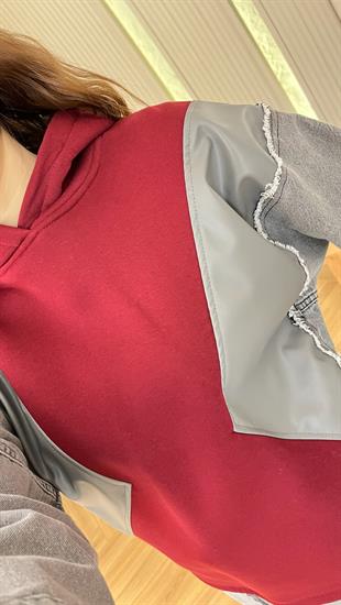 Bordo Kot Ve Deri Garnili Kapüşonlu Sweatshirt