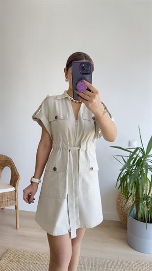 Givayo Zra Model Kuşaklı Keten Elbise 