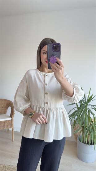 Düğmeli Keten Bluz