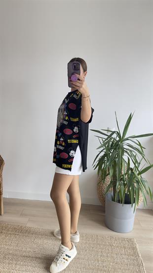 Taşlı Mickey Baskı Siyah Tshirt